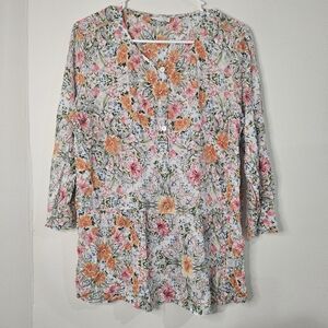 J.jill Floral Blouse Top Half Button With Mother Pearl Buttons